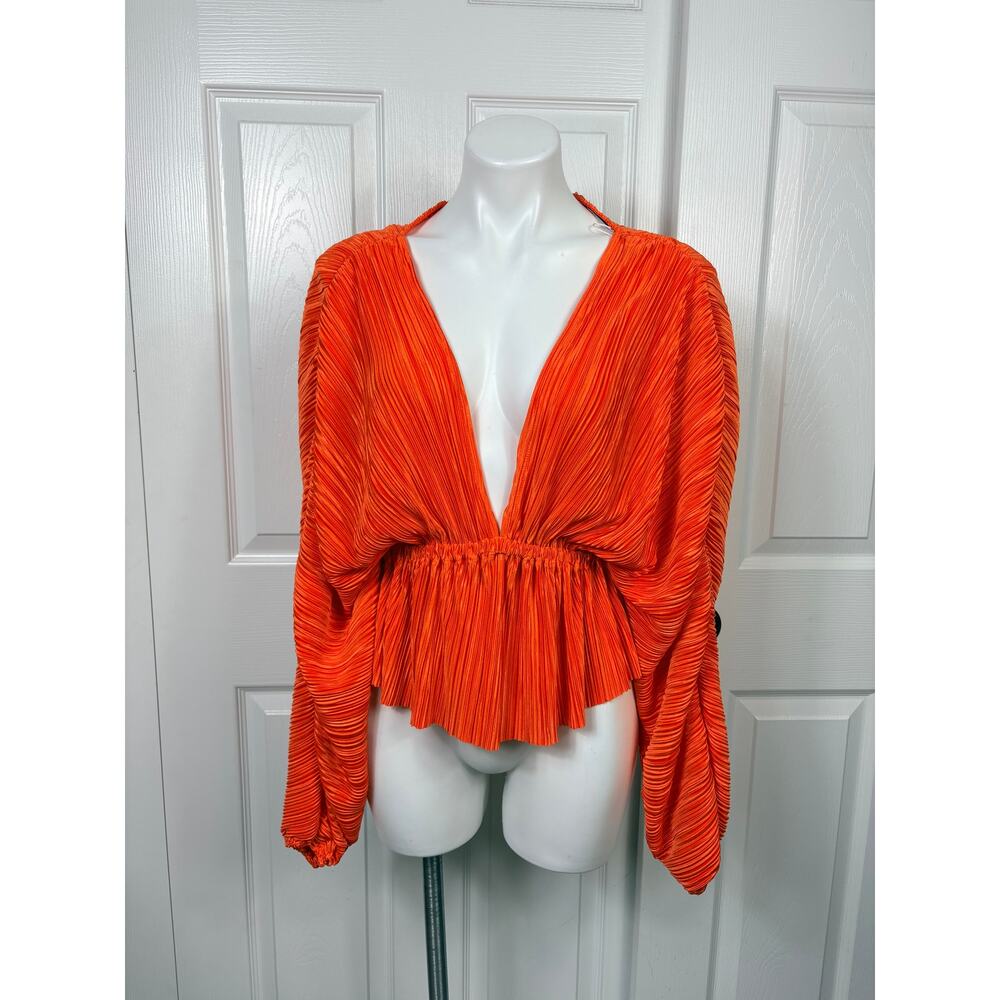 Cellecci Orange Long Sleeve Deep V-Neck Boho Blouse Flowy Empire Waist Sz S NWT